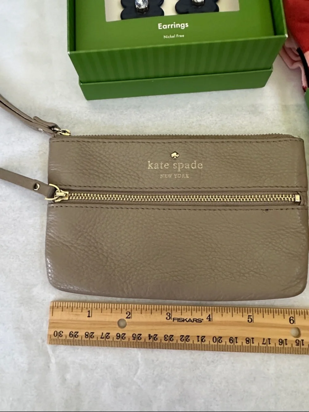 kate spade Bundle-3 pack Crew Socks, Taupe Leather Wristlet, Flower earrings